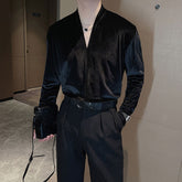Hearujoy Retro Velvet Shirt For Men Spring Autumn V-neck Long Sleeve Versatile Top Fashion Light Luxury Vintage Mature Shirts Streetwear